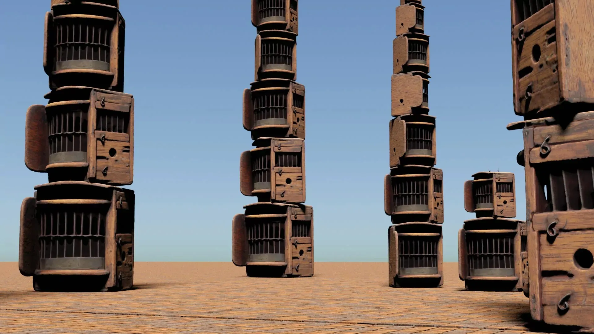 Still from A Mirror For Remembering showing tall stacks of scanned cricket boxes in a virtual landscape.