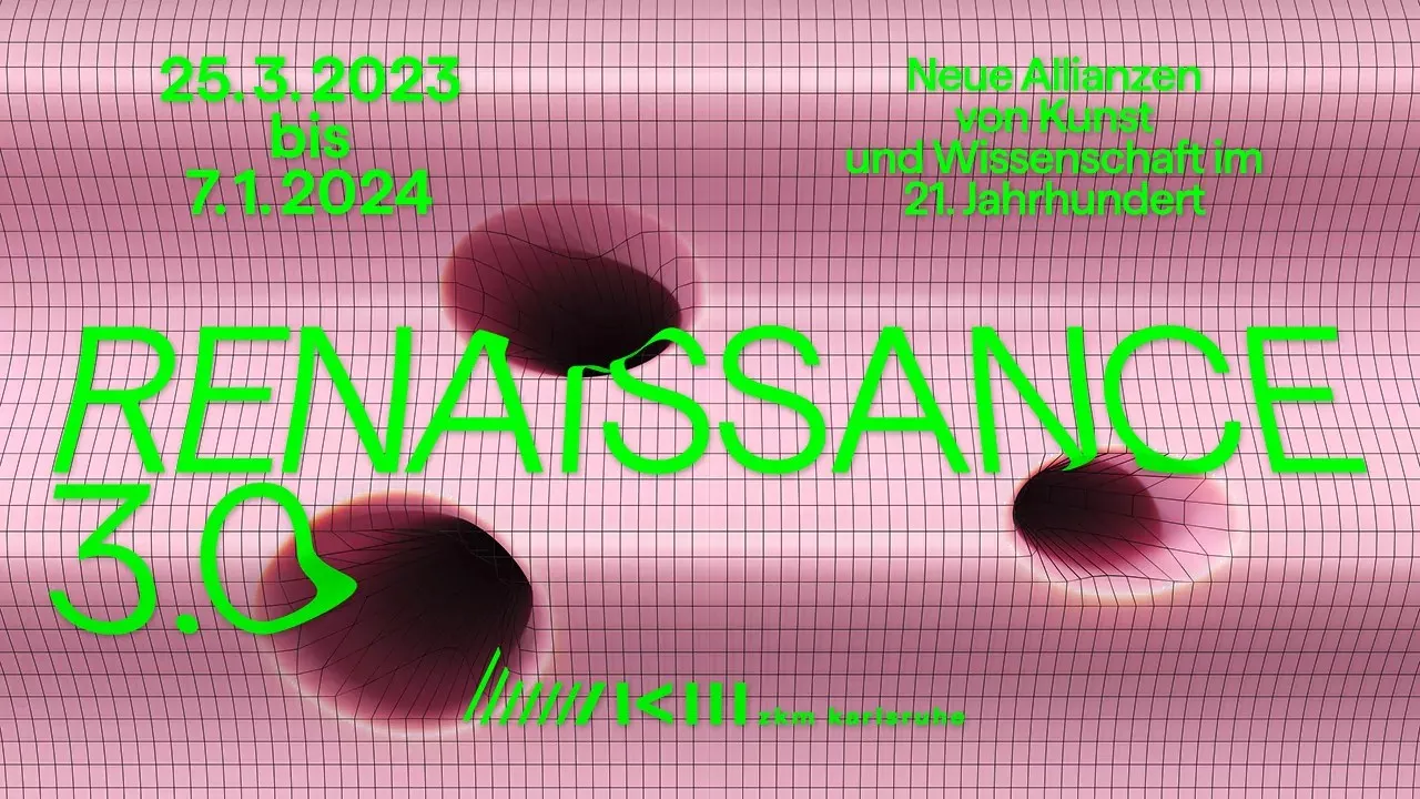 Promotional image for Renaissance 3.0 with neon green text over a pink gridded background