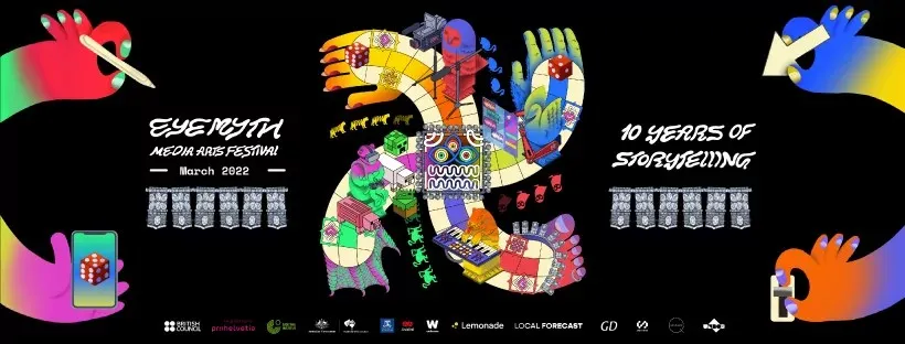 Promotional poster for EyeMyth Media Arts Festival 2022 featuring a portrait of Alex May.