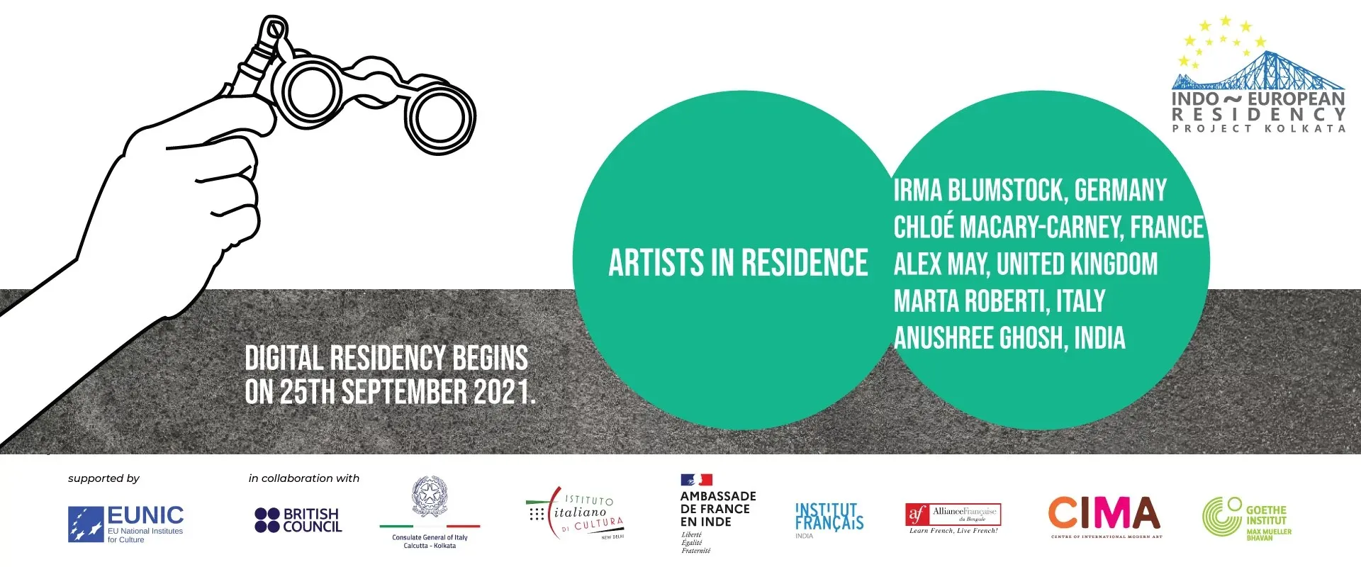 Promotional graphic for the Indo-European Residency Project Kolkata 2021 listing the selected artists and announcing the digital residency launch.