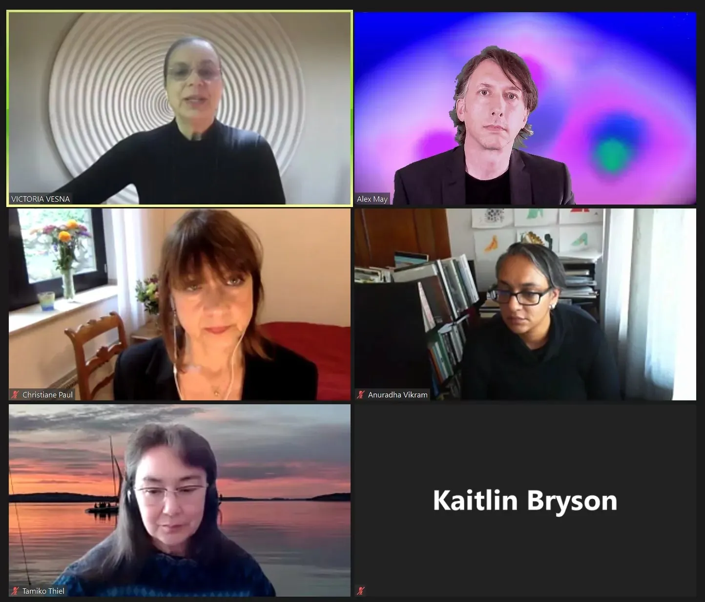 Screenshot of the UCLA Art|Sci online panel showing Alex May alongside Victoria Vesna, Christiane Paul, Anuradha Vikram, Tamiko Thiel, and Kaitlin Bryson.