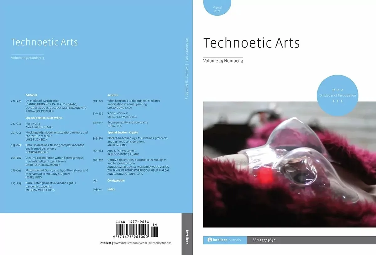 Cover image for the Technoetic Arts issue containing the paper Unruly objects: NFTs, blockchain technologies and bio-conservation.