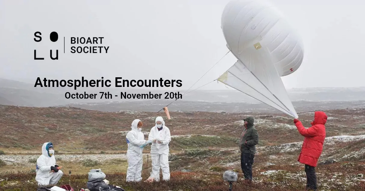 Promotional image for Atmospheric Encounters at SOLU in Helsinki with exhibition details and a drawn ceiling fan motif.