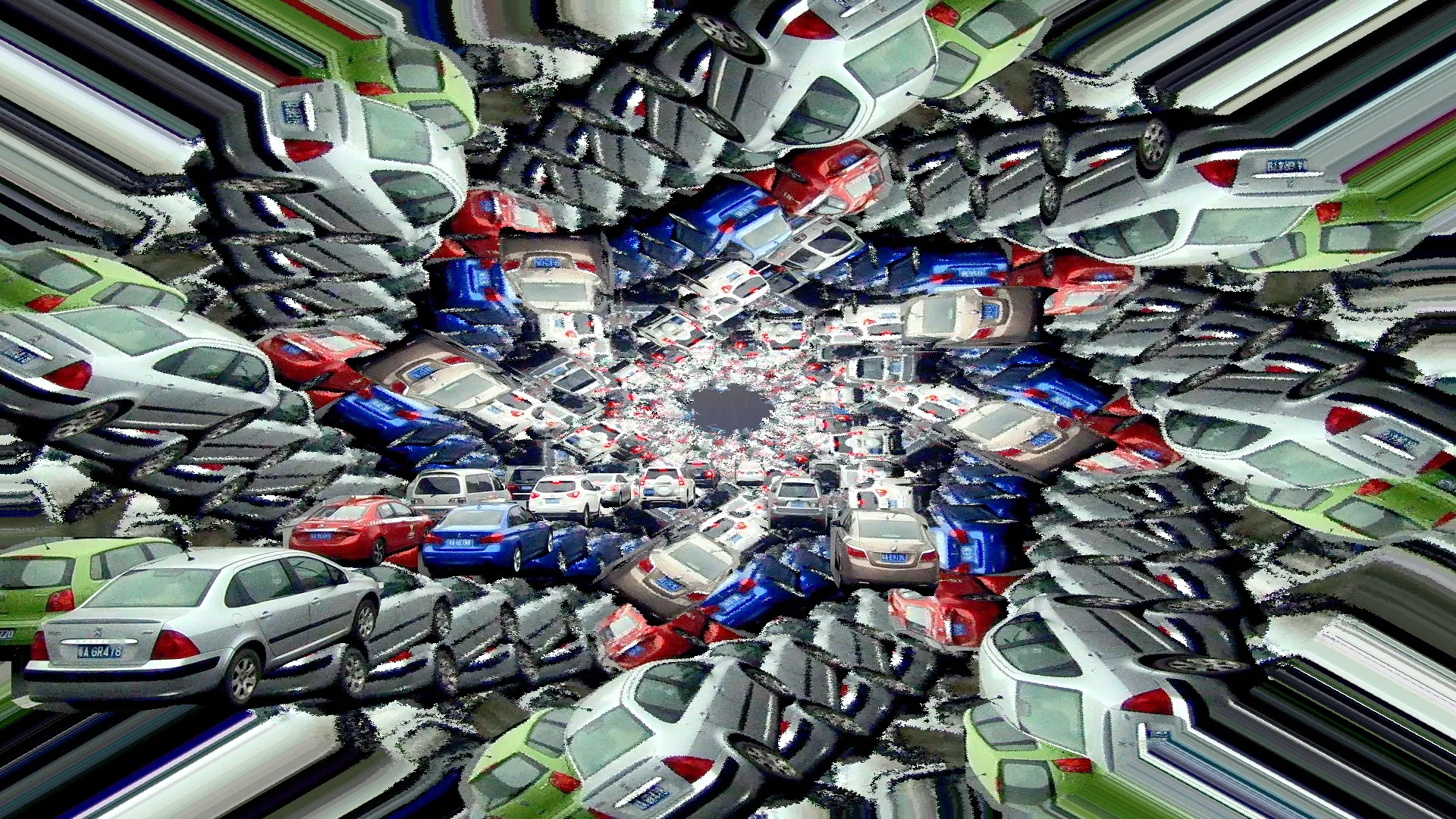 Digital scene from Susceptible showing bronchi-like forms, floating tuberculosis bacilli, and coloured atmospheric layers.