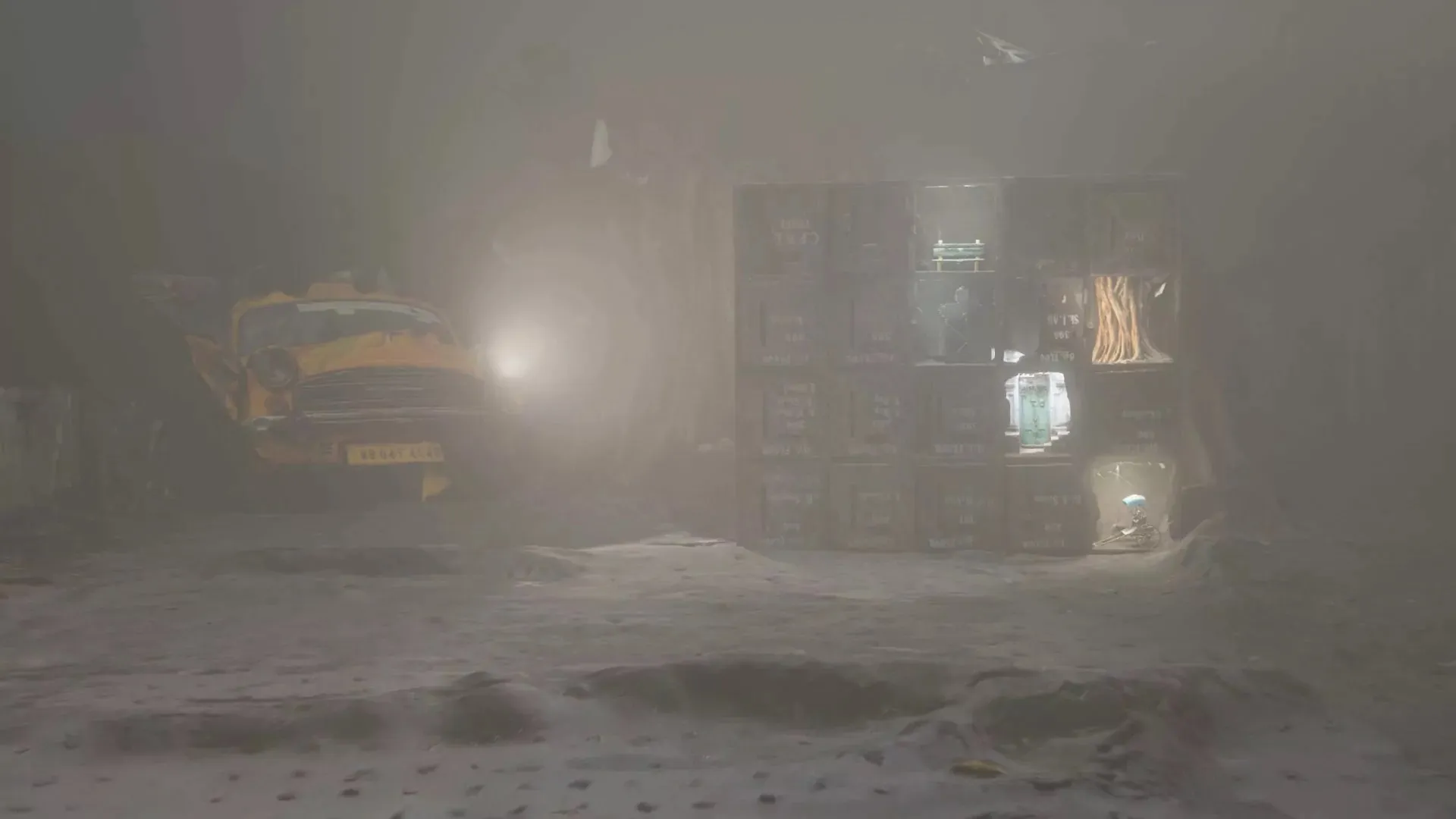 Still from A Kolkata showing a misty digital streetscape with a yellow taxi, stacked signs, and a cyclist assembled from photogrammetric fragments.