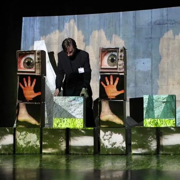 Painting With Light at Tate Modern showing projected imagery mapped onto a temporary sculptural arrangement.